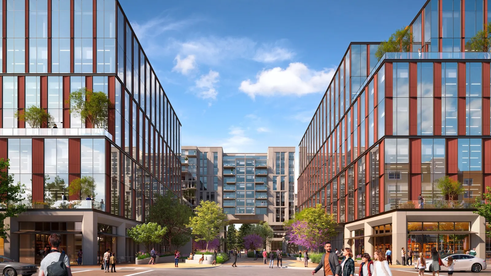 A walkable mixed-use district with storefronts and pedestrians
